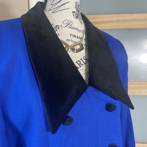 SUITSME Wool Blend Blazer Womens 12 Blue Velvet Collar Vintage Career Jacket - Picture 4 of 9